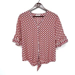 Max Studio Ivory Red Blue Geometric Print V-Neck Button Front Half Sleeve Blouse